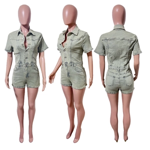Three-way view of light green washed denim romper with collar and metallic buttons