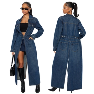 Long sleeve washed denim trench coat with pockets and full-length wide-leg design