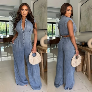 Women's Sexy Denim Jumpsuit Sleeveless Lapel Button Down Wide Leg Trousers Acid Wash Backless Cotton Blend Bodysuit Romper