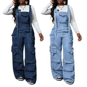 Women Casual Cargo Denim Overalls Multi Pockets Loose Wide Leg Jeans Jumpsuit Adjustable Straps Streetwear Denim Long Pants