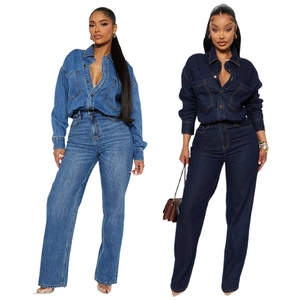Women's Casual Long Sleeve Denim Jumpsuit Lapel Button Down High Waist Wide Leg Denim Romper Fashion Streetwear Jean Playsuit