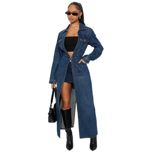 Long sleeve denim trench coat in dark blue with pockets and waist-defining slim fit