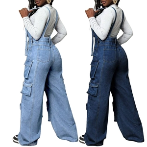 Women's wide leg denim overalls in light and dark blue with cargo pockets and cross straps