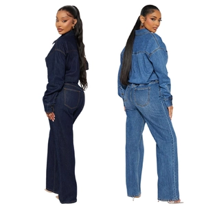 Women's slim stretch denim jumpsuit in dark and medium blue washes with wide leg cut