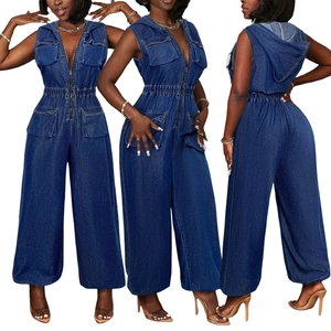 Women Denim Jumpsuit Sleeveless Hooded Romper Cargo Style Zipper Front Multi Pockets Wide Leg Washed Casual Fashion Outfit