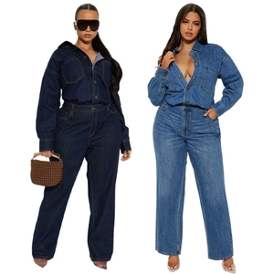Close-up of slim fit stretch denim jumpsuits with high waist and functional pockets