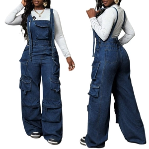Deep blue wide-leg denim overalls with adjustable straps and utility cargo pockets