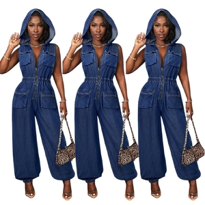 Women's sleeveless hooded denim jumpsuit in dark blue with pockets and elastic waist