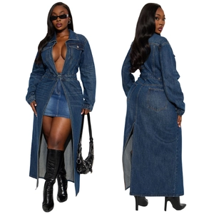 Women long sleeve dark blue denim trench coat with pockets and slim waist design