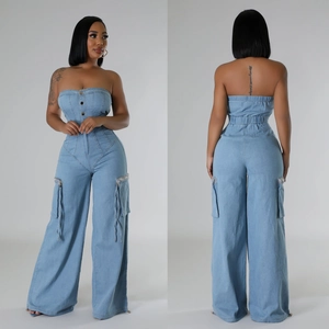 Combinaison en Denim Bustier pour Femmes Pantalon Cargo Jambe Large Lavage à l'Acide Boutonné Taille Haute Streetwear Décontracté