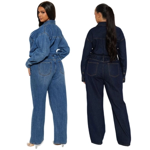 Women's slim stretch denim jumpsuit with long sleeves in light and dark blue wash