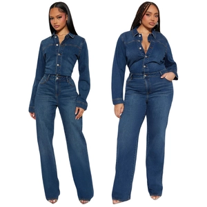 Combinaison en Jean Lavé Bleu Foncé Vintage pour Femmes Coupe Ajustée Jambe Évasée Manches Longues Boutonné Combinaison