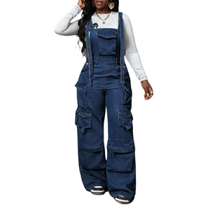 Detail of dark blue denim overalls featuring utility cargo pockets and metal buckles