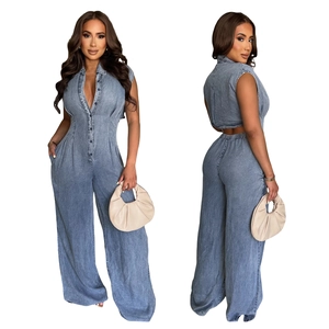 Slim-fit light blue denim jumpsuit with sleeveless top and wide-leg trousers for women