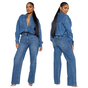 Slim fit dark blue denim jumpsuit with long sleeves and high waist straight leg design