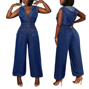 Front and back view of dark blue hooded denim jumpsuit with cargo pockets