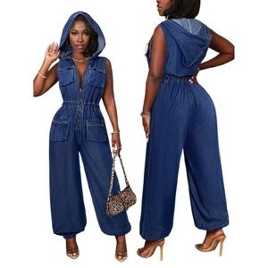 Women's sleeveless hooded denim jumpsuit in dark blue with pockets and elastic waist