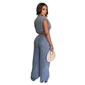Slim fit washed denim jumpsuit set with sleeveless crop top and high waist wide leg pants