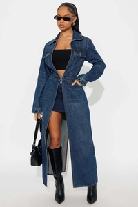 Close-up of slim fit dark blue denim trench coat with metal button and lapel collar