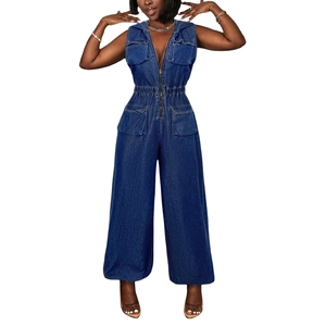 Women's dark blue denim sleeveless jumpsuit with deep V-neck and cargo pockets