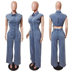 Slim fit light blue denim jumpsuit with waist detail and open back view