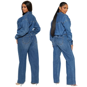 Detailed back view of women's slim stretch long sleeve denim jumpsuit in medium blue