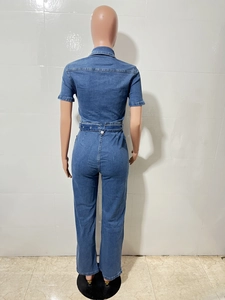 Rückansicht eines blauen Denim-Jumpsuits mit kurzen Ärmeln und passendem Gürtel im Detail