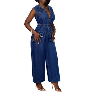 Women's dark blue sleeveless denim jumpsuit with hood and wide-leg cargo pants style