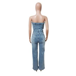Rückansicht eines hellblauen Denim Jumpsuits mit trägerlosem Oberteil und Gesäßtaschen