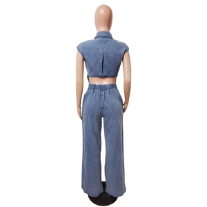 Back view of a two-piece washed denim set featuring a cropped top and wide-leg high-waisted pants