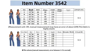 Size chart for strapless denim jumpsuit with bust, waist, hip, and length specs in CM