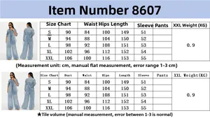 Detailed size chart for blue denim jumpsuit with measurements in CM for S to XXL