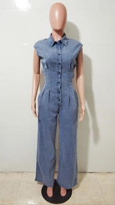 Front view of light blue denim sleeveless jumpsuit featuring buttoned waist and shirt collar
