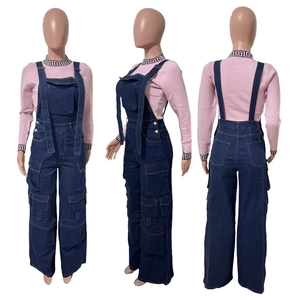 Three-view of pink knit top and navy denim cargo overalls with Greek key pattern details