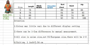 Detailed size chart for boho ethnic print dress showing measurements from S to XL in cm