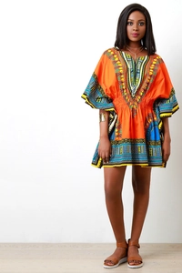 Ethnic dashiki mini dress in vibrant orange with V-neck, batwing sleeves and elastic waist