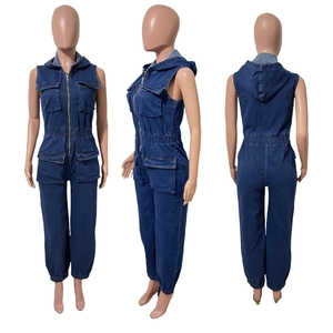 Detail view showing sleeveless hooded denim jumpsuit with zipper and utility pockets