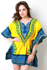 Robe Courte Ethnique Imprimée Dashiki pour Femmes Mélange de Lin Col en V Manches Chauve-souris Taille Élastique Style Africain