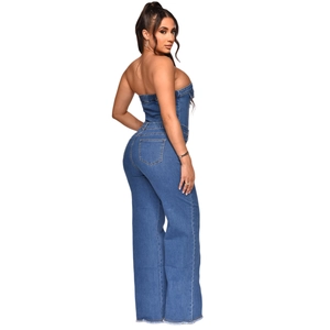 Slim fit strapless denim jumpsuit for women with wide leg and light wash finish