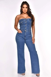 Detail view of denim strapless jumpsuit with metal buttons and frayed wide-leg hems