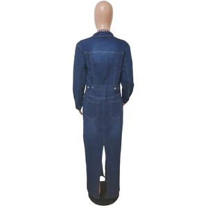 Rear view of long sleeve denim trench coat with pockets and stylish back slit detail