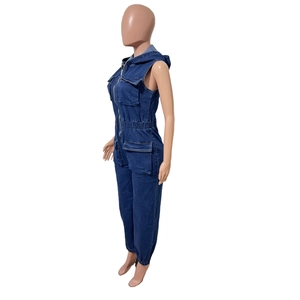 Side view of deep blue hooded denim jumpsuit showing cargo pockets and elastic waist