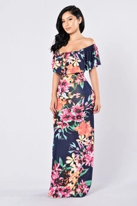 Women Floral Print Off The Shoulder Ruffle Maxi Dress Bohemian Summer Vacation Beach Party Long Floor Length Dress