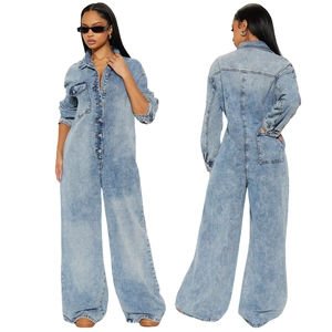 Slim fit light blue denim jumpsuit with long sleeves and wide leg flare cut, front and back view