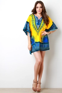 Robe dashiki jaune ethnique avec col en V, manches chauve-souris et imprimé