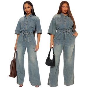 Women's Casual Denim Jumpsuit With Turn Down Collar Half Sleeve Drawstring Waist Wide Leg Split Hem Jeans Romper Blue