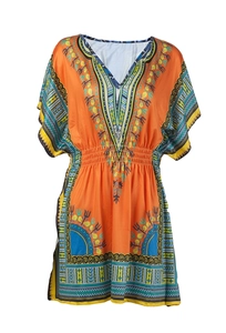 Close-up of ethnic Dashiki print on orange V-neck dress with batwing sleeves