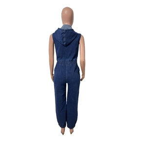 Rear view of dark blue denim sleeveless jumpsuit with hooded design and elastic waist