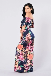 Off-shoulder floral bohemian maxi dress with ruffles in navy blue for women