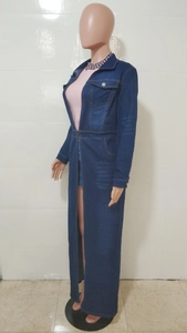 Detail shot of a long sleeve denim trench coat with flap pockets and high collar